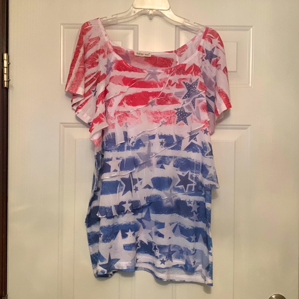 Indigo Soul Stars & Stripes Top 2X July 4th Patriotic Ruffles Casual